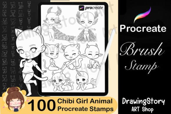 100 Chibi Girl Animal Stamp Brushes for Procreate