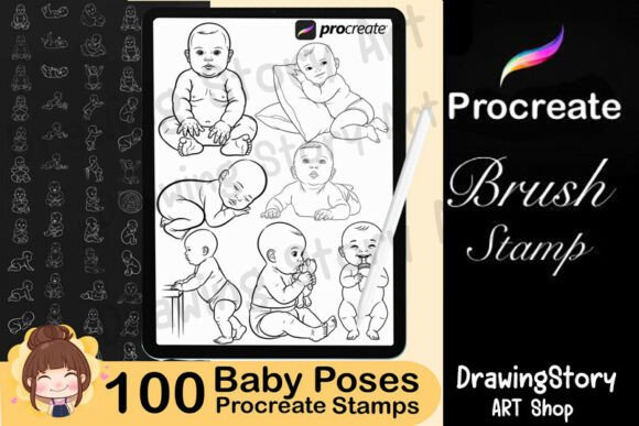 100 Procreate Baby Poses Stamp Brushes